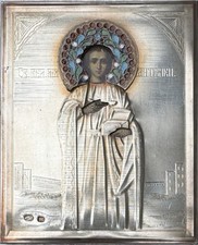 Original alte russische Reiseikone Heiliger Panteleimon, Silber 84, Moskau,Email