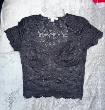 Sexy Crop Top Spitze Kurzarm Schwarz New Yorker Amisu Bauchfrei Elegant GrL