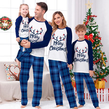 Familien Schlafanzug Set Weihnachten Elch Geweih Blau Kariert Merry Xmas
