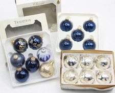 Alte Kugeln GLASKUGEL BLAU SILBER Glitterdekor handbemalter Baumschmuck 18tlg.