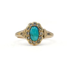 Ring mit Türkis und Diamantrosen 0,24 ct in 585 14 Kt Gold Antik um 1900 Gr.52