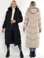 Damen Parka Mantel Wattiert Duschfest Kapuze Maxi Jacke Fell Größe 10 14 12 16 Schwarz
