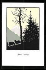 Künstler-AK Josefine Allmayer: Scherenschnitt, Schafe in den Bergen 