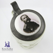 Antikes Sachsen "König Albert" Bierkrug/Glas, mit Porzellanmedailon 1850/60 (A)