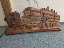 Holzbild geschnitzt "Bauer mit Holzfuhrwerk"