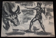 Stierkampf , signierte Kohle