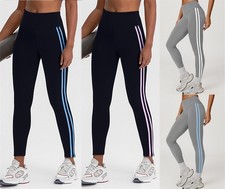 Damen Leggings lange Leggins Streifen Sport Jogginghose Fitness Trainingshose DE