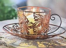 Laterne Windlicht Tee-Tasse NEU aus Metall mit Schmetterlingen in rost-braun