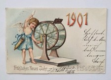 ALTE PRÄGE POSTKARTE NEUJAHR 1901 LOSTROMMEL LOTTERIE ENGEL AMOR GLITZERNDE...