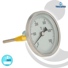 tecuro Ø 80 mm Bi-Metall Rauchgas Thermometer 0 - 500°C mit Sonde und Klemmkonus