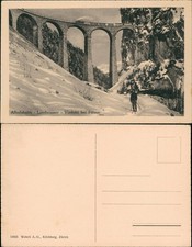 .Graubünden Albulabahn Landwasser- Viadukt bei Filisur Dampflok Skiläufer 1928