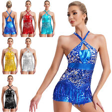 Damen Metallic Pailletten Fransen Tanzkleid Quasten Abendkleid Latin Tanz Kostüm