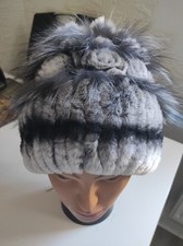 Damen gute Qualität Winter Echte Kaninchenfell Mütze 56-59 Groß Grau mit Schwaz.