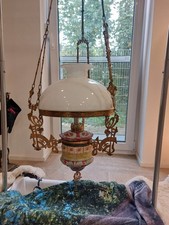 Schöne,alte Majolika-Messinglampe,Deckenlampe,Jugendstil,Petroliumlampe,elektris