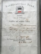 Urkunde Antike  Schiffskapitän Patent 1870 Hamburg