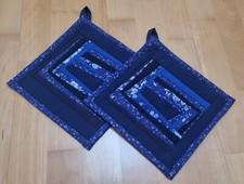 Topflappen Set groß Handarbeit Unikat Patchwork Quilt dunkel BLAU EXTRA DICK