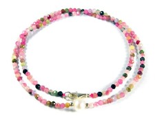 Turmalin Edelsteinkette facettierte Kugeln mit Süßswasserperle 925 Silber