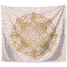 Wandbehang Mandala indisch 150 x 125 cm Weiß Gold Polyester Wandtuch Wandteppich