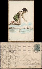 Ansichtskarte  Frau im Badeanzug auf Sprungbrett Fotokunst am Meer 1913 Gold