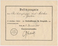 144869: Besitzzeugnis zum Verdienstkreuz für Kriegshilfe, 1920