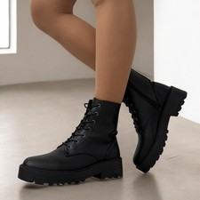 Damen Schwarz Combat Boots Grobe Schnürstiefeletten mit Seitenreißverschluss Kunstleder