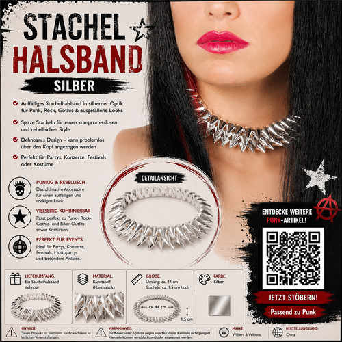 Stachelhalsband silber punk - silber,
