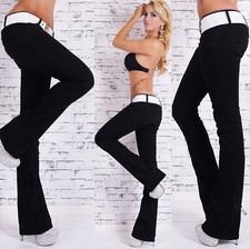 Damen Hüft Jeans Hose Schlag Schlaghose BootCut Denim schwarz Stretch Gürtel