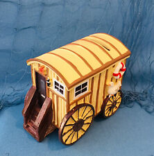 Urlaubs Spardose Badewagen Strandwagen in braun/gelb mit Rettungsring und Möve 