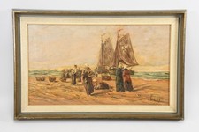 C23T04- Gemälde Menschen und Fischerboote an Küste signiert Homes (?)