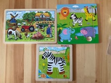 3 Holzpuzzle mit Rahmen, Tiere