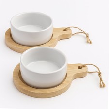 2 x Keramik Dip Schalen Bambus Brett Servier Set Vorspeisen Tapas Snackschälchen