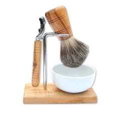 Rasierset Olivenholz mit Dachshaar-Pinsel, Mach3 Rasierer & Porzellanschale