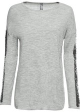 Long-Pullover mit Pailletten Gr. 36/38 Grau Meliert Damen Langarm-Pulli Neu