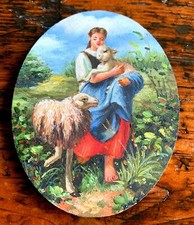 Ölgemälde Lupenmalerei Miniatur Öl a. Malbrett Portrait Frau und Lämmer Oval 9x7