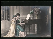 Foto-AK PFB: Frau am Flügel mit junger Dame 