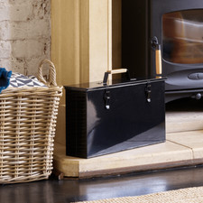 Valiant Kamin Aschenbox und Träger - Hochglanz schwarz Metall mit Verschlüssen