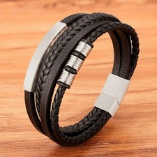 Herren Leder Armband Schwarz Echtes Edelstahl Magnetverschluss Männer Geschenk