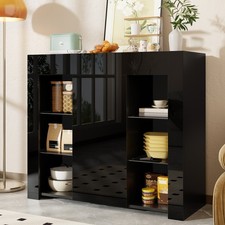 Sideboard Anrichte Kommode Highboard mit Glas Regale & Hochglanz Front, Schwarz