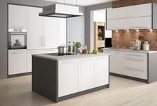 Einbauküche KVANTUM Küchenzeile mit Kücheninsel lava Fronten MDF weiß