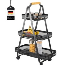 eluno Servierwagen 3-stöckig, Rollwagen aus schwarzem Metall & Bambusgriff