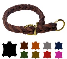 Hundehalsband Fettleder Zugstopp MESSING kleine & große Hunde handgeflochten