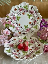 Antikes Staffordshire PAAR Erdbeere Dessertteller 9" Atemberaubend! Handbemalt