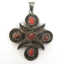 Vintage Anhänger 925 Sterling Silber Koralle + Goldfluss wohl Nepal BoHo Ethno
