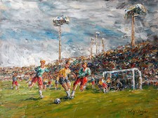 W.H.Unger original-Gemälde-Fußball Meisterschaft, Fußballstadion,