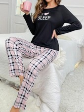 Damen Pyjama „I ❤️ Sleep“ & Karierten Schlafhose, Bequem&Stilvoll, M