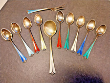 9 Espressolöffel 1 Sahnelöffel 1 Gabel David Andersen Emaille 925er Sterling TOP