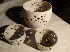 4x Windlichter Weiß blau Keramik getöpfert Dekoration