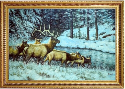 ölbild hirsch und rehe - und, am