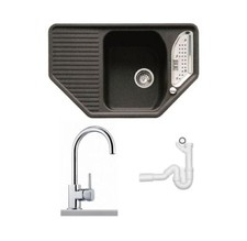 Set aus Granit-Spüle und Armatur inkl. Anschlussgarnitur schwarz, chrom Neu
