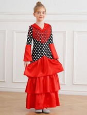 DE Kinder Flamenco Kleid Langarm Tanzkleider mit Volants Gepunktete Partykleider